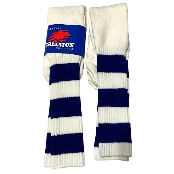 VINTAGE TUBE SOCKS SIZE 9-15 WHITE BLUE STRIPE PAIR NEW WITH TAGS MENS